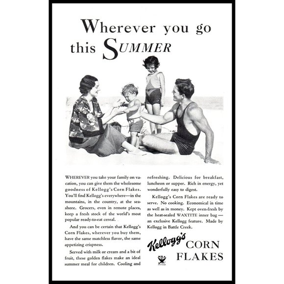 1934 Kellogg's Corn Flakes Cereal Vintage Print Ad Family Summer Vacation Beach - Picture 1 of 1